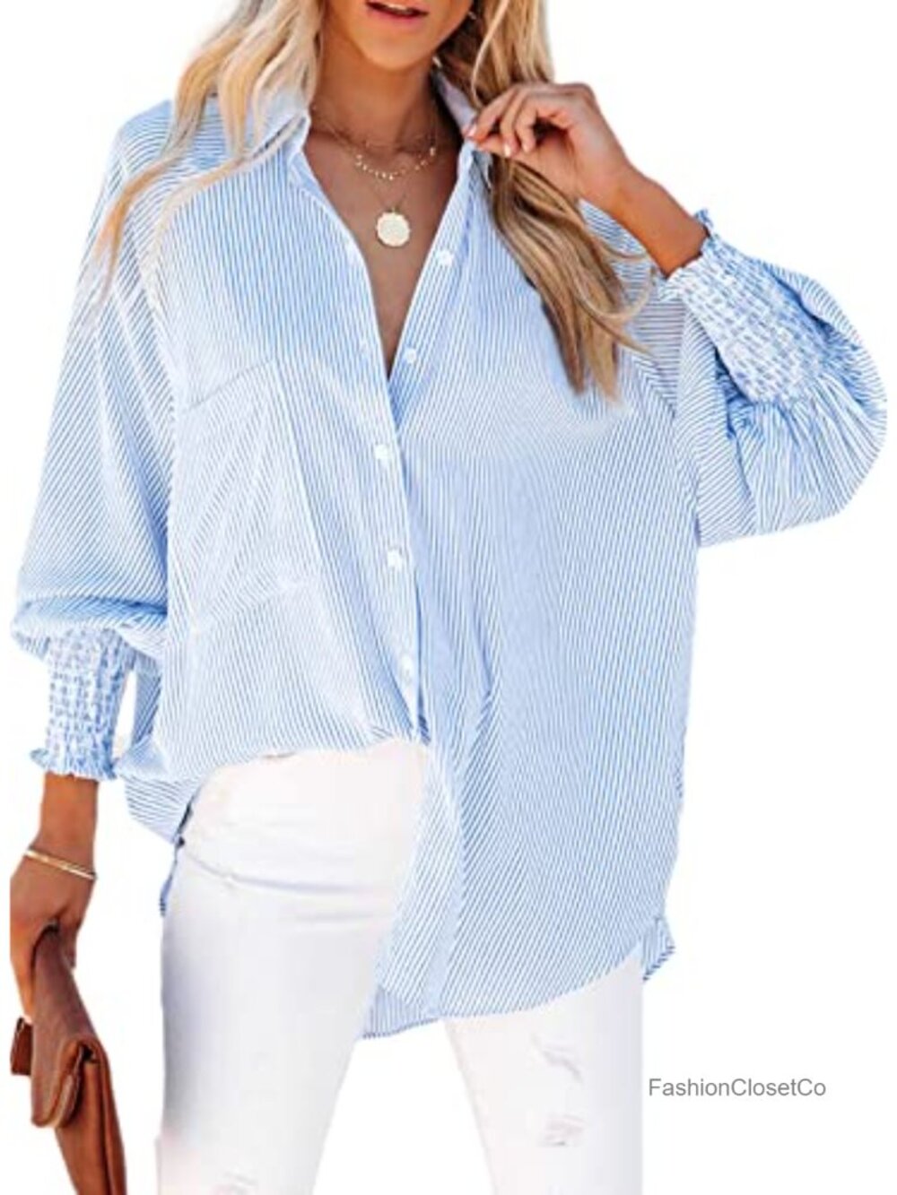 LEMAFER Women's Button Down Blouse Striped Smocked Cuff Boyfriend Shirt